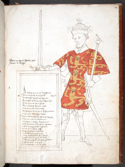 Gekleurde tekening van een Engelse koning in harnas en tabberd (King John), die een plaquette met verzen aanbiedt. Onafgewerkt. door English School