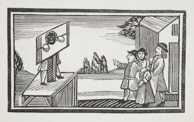Veroordeeld om een uur of langer in de schandpaal te staan, illustratie uit Chap-books van de achttiende eeuw door John Ashton, uitgegeven 1882 door English School