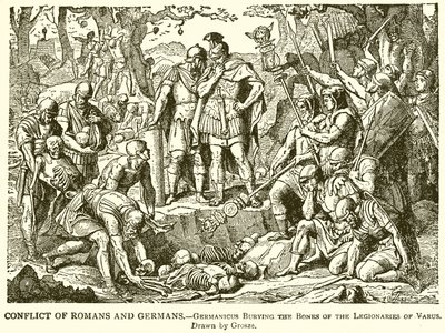 Conflict tussen Romeinen en Duitsers.--Germanicus begraaft de botten van de legionairs van Varus door English School