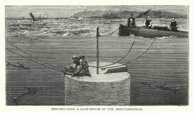 Bouw van een vuurtoren in de Middellandse Zee (gekleurde gravure) door English School