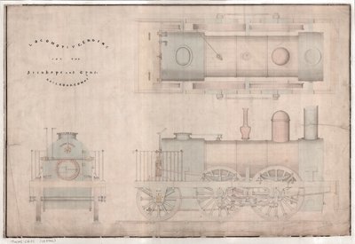 Constructietekening, 0-4-2 locomotief en tender door R. en W. Hawthorn en Co. voor de Stanhope en Tyne Railway Co door English School