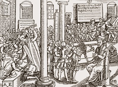 Hedendaagse houtsnede van een Tudor-grammatica school door English School