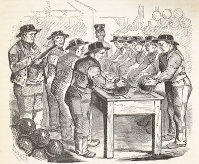 Gevangenen schrapen schot, illustratie uit The Criminal Prisons of London and Scenes from Prison Life door Henry Mayhew en John Binny, uitgegeven in 1862 door English School