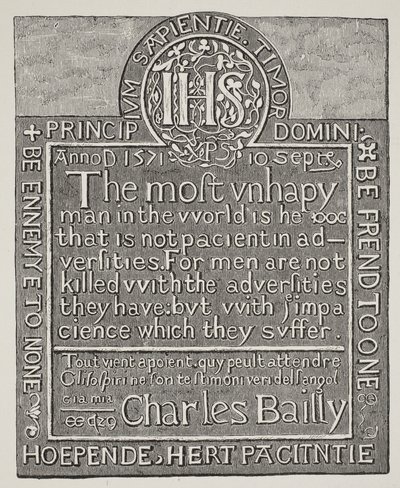 Kopie van een houtsnede door Charles Bailly, van de muur van de Beauchamp Tower, Tower of London, 1571 door English School