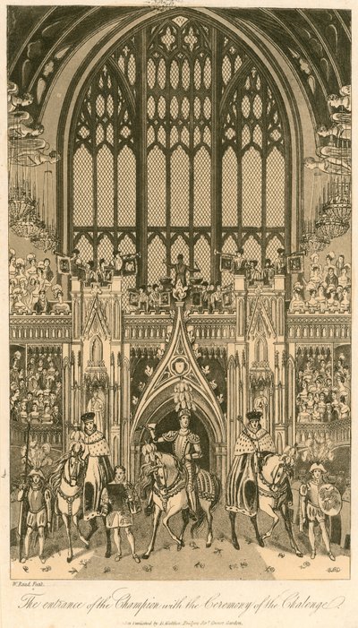 Kroningsbanket van Koning George IV in Westminster Hall, 17 juli 1821; De entree van de kampioen met de ceremonie van de uitdaging door English School