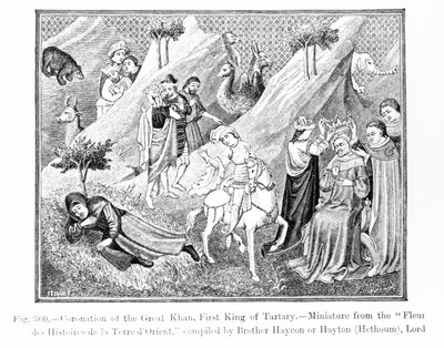Kroning van de Grote Khan (Kublai Khan) (1214-94) Eerste Koning van Tartary, uit de Fleur des Histoires de la Terre d