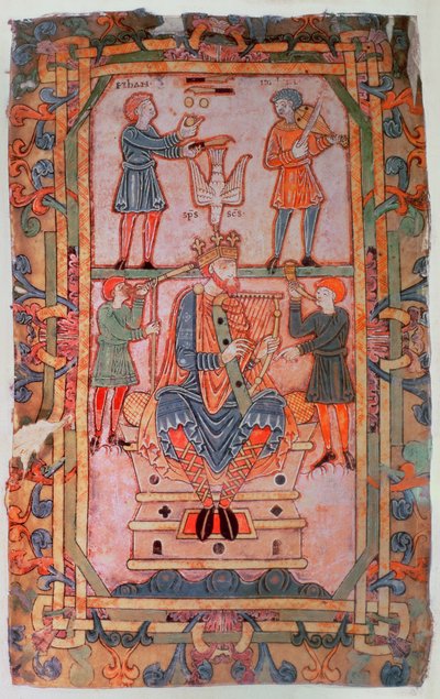 David speelt op zijn harp, uit de Tiberius Psalter, Winchester, c.1050 door English School