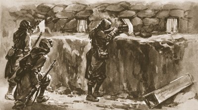 Cottage raamgordijnen als loopgaten schermen: een Franse oplossing om de vijandelijke scherpschutter te misleiden, uit The Illustrated War News, 1915 door English School