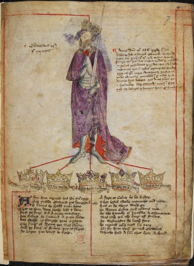 Cotton Julius E. IV, f.7 Tekening van Edward III, met een kort verslag van zijn regering, en regels uit 