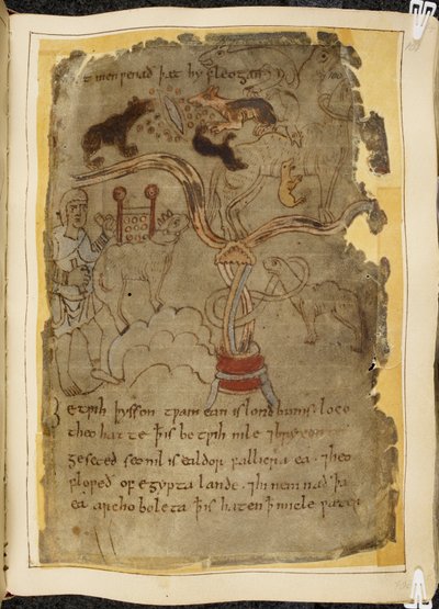 Drie hondachtige mieren die een vastgebonden kameel aanvallen, man in een tuniek, illustratie uit Beowulf, uit de 