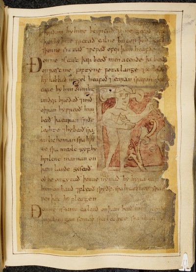 Cotton Vitellius A. XV f.104r, Een panotii, d.w.z. een man met oren die op stelen uitsteken, die een object vasthoudt dat lijkt op een boog, illustratie uit Beowulf, uit de 