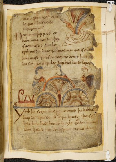 Een gouden wijnstok; drie mensen die praten, die een vriendelijk volk vertegenwoordigen dat de Rode Zee regeert, waar de beste parels worden gevonden, illustratie uit Beowulf, uit de 