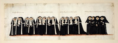Gravin Assistenten; Gravin en Burggrafinnen; de dochters van Graven en Barones; Ere Maagden en van de Privé Kamer. Deel van de begrafenisstoet van Koningin Elizabeth I naar Westminster Abbey, 28 april 1603 door English School