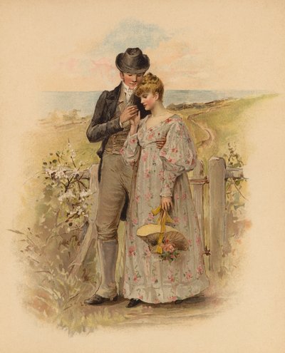 Flirtend paar wandelend op het platteland (chromolitho) door English School