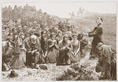 Covenanters die aanbidden aan de oevers van de Whitadder, illustratie uit De Geschiedenis van het Protestantisme door James Aitken Wylie, 1878 door English School
