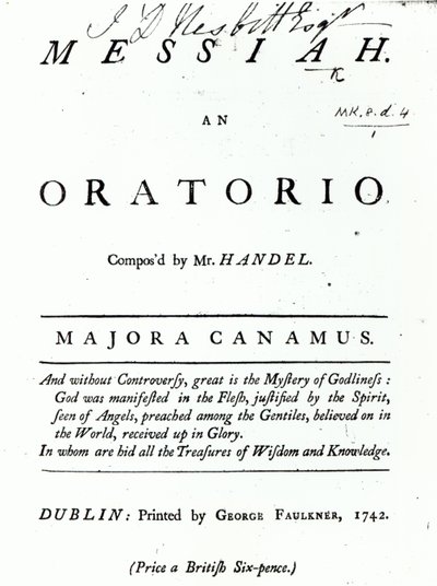 Omslag van Bladmuziek voor Händels Messiah, gepubliceerd in 1742 door English School