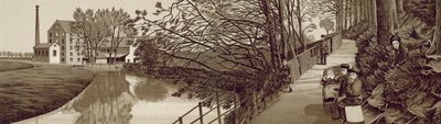 Croydon: Bridle Path naar Beddington bij de rivier Wandle, Waddon Mills door English School