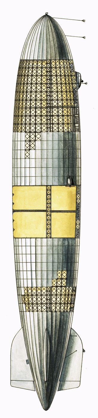 Doorsnede tekening die de interne structuur van een luchtschip toont door English School
