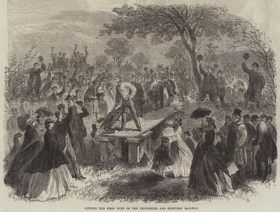 Het Eerste Turf van de Chichester en Midhurst Spoorweg snijden (gravure) door English School