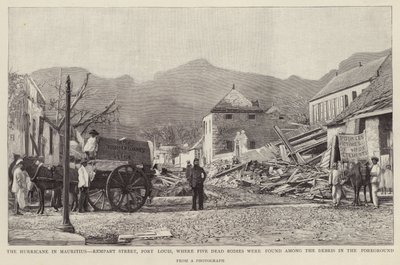 Schade aan Rempart Street, Port Louis, veroorzaakt door de Mauritius-cycloon van 1892 door English School