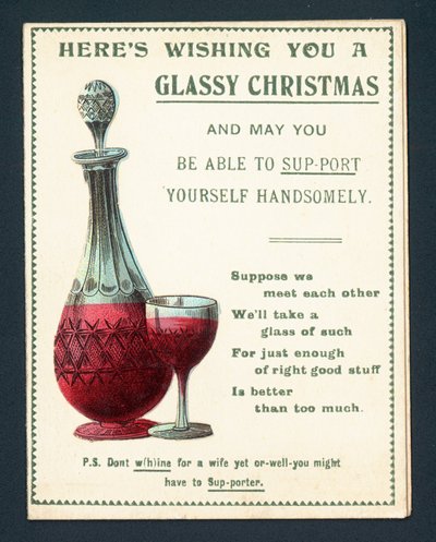 Karaf en glas rode wijn, kerstkaart door English School