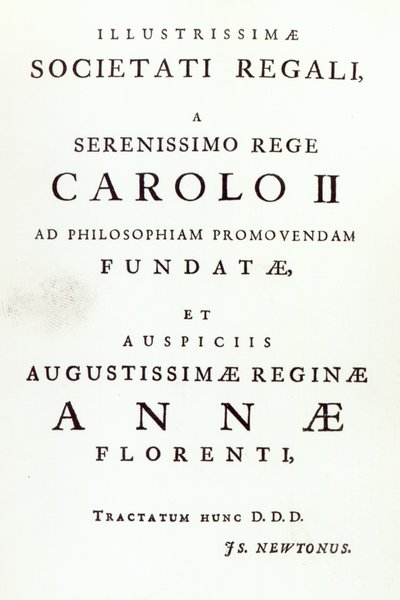 Opdracht aan de Royal Society van de tweede editie van Newtons Philosophiae Naturalis Principia Mathematica, 1713 door English School