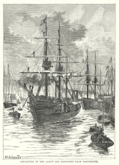 Vertrek van de Alert en Discovery uit Portsmouth (gravure) door English School