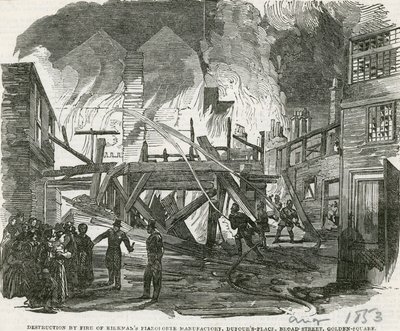 Destruction by Fire of Kirkmans Pianoforte manufactory, Dufours Place, Broad Street, Golden Square door English School