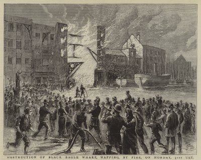 Verwoesting van Black Eagle Wharf, Wapping, door brand, op maandag 31 maart (gravure) door English School