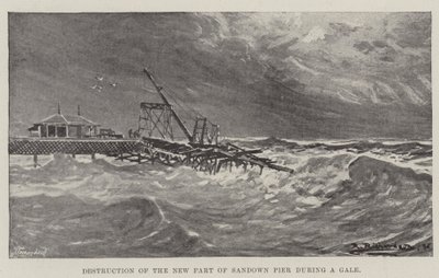 Vernietiging van het nieuwe deel van Sandown Pier tijdens een storm door English School