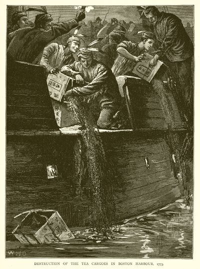 Vernietiging van de theeladingen in de haven van Boston, 1773 door English School
