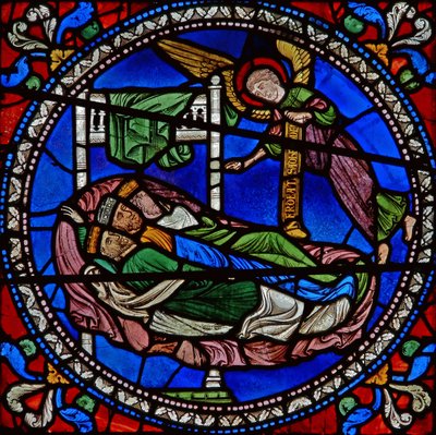 Detail van een van de Bijbelramen met drie slapende koningen en een engel door English School