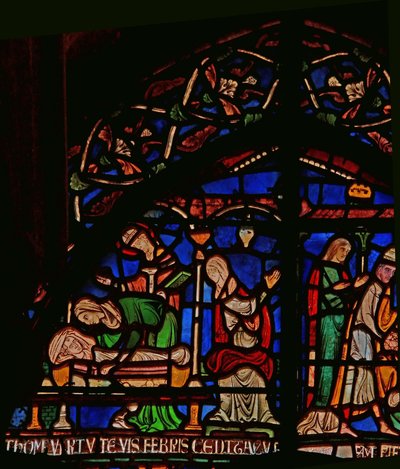Detail uit het Wonderraam met St. Thomas die verschijnt aan de baby Geoffrey van Winchester door English School