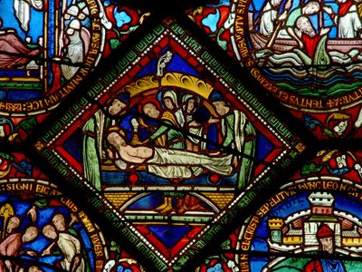 Detail uit het oostelijke raam van de Trinity Chapel met de Graflegging door English School