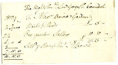 Devonshire MSS AS 3101, folio uit een bundel rekeningen vereffend door Pinder Simpson voor Lord George Cavendish, inclusief de rekening van Alexander Bowie door English School