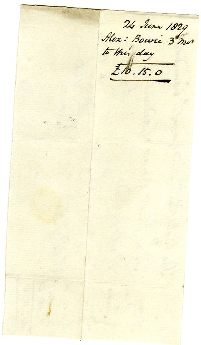 Devonshire MSS AS 3101, folio uit een bundel rekeningen vereffend door Pinder Simpson voor Lord George Cavendish, inclusief de rekening van Alexander Bowie door English School