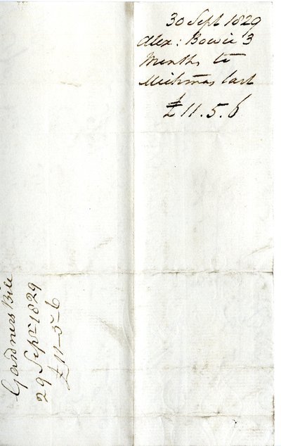 Devonshire MSS AS 3101, folio uit een bundel rekeningen vereffend door Pinder Simpson voor Lord George Cavendish, inclusief de rekening van Alexander Bowie door English School