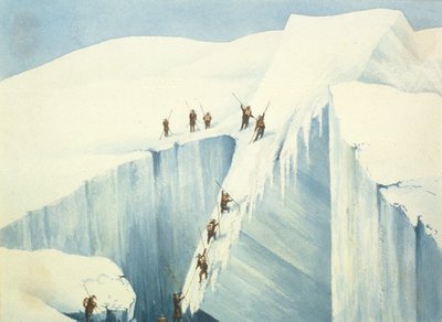 Moeilijke doorgang van een spleet, uit A Narrative of an Ascent to the Summit of Mont Blanc door Charles Fellows (1799-1860), gepubliceerd 1827 door English School