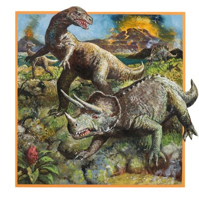 Dinosaurussen met vulkaan (gouache op papier) door English School