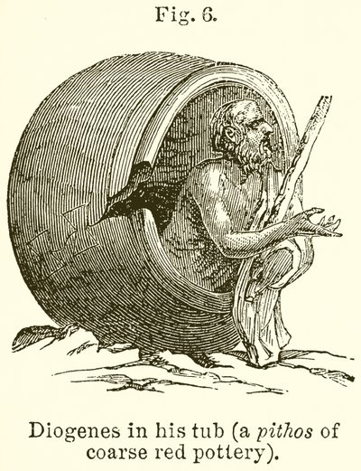Diogenes in zijn ton (een pithos van grof rood aardewerk) door English School