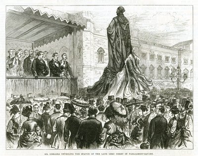 Disraeli onthult het standbeeld van de overleden Lord Derby op Parliament Square, Westminster door English School