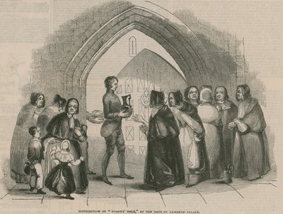 Distributie van Weduwen Aalmoes bij de poort van Lambeth Paleis door English School