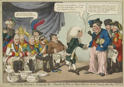 Doctor Boney brengt de machten tot pot, of John Bull en zijn vrienden nogal verlegen, pub. 1808 (handgekleurde gravure) door English School