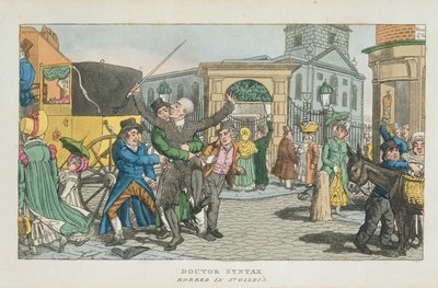 Doctor Syntax beroofd in St. Giles, uit The Tour of Doctor Syntax through London, or the Pleasures and Miseries of the Metropolis. Een gedicht, gepubliceerd 1820 door English School