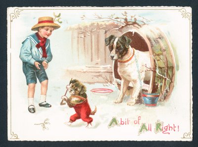 Hond, Puppy en Jongen spelen in de sneeuw door English School