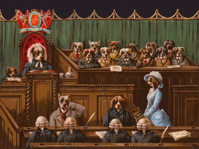 Honden in een rechtszaalscène (chromolitho) door English School