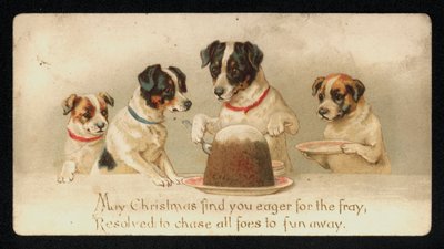 Honden serveren een kerstpudding, kerstkaart door English School