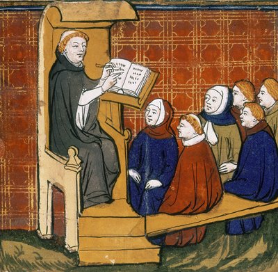 Dominicaanse leraar, zittend met boek op een lessenaar, met leerlingen zittend op de grond voor hem. "Livre des Proprietez des Choses", begin vijftiende eeuw door English School