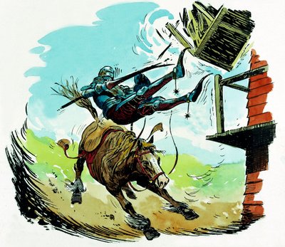 Don Quichot valt een windmolen aan door English School