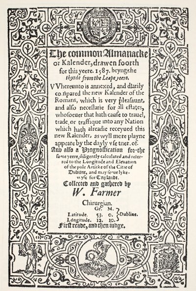 Dubbele Almanak (gewoon en nieuw) en voorspelling voor Dublin voor 1587, door W. Farmer, gedrukt door Watkins en Roberts, 1587 door English School